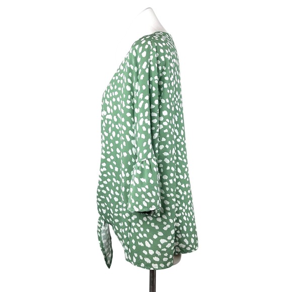 Kancystore XL Blouse Green White Button Down Tie Knot 3/4 Bell Sleeve V Neck - Picture 6 of 8